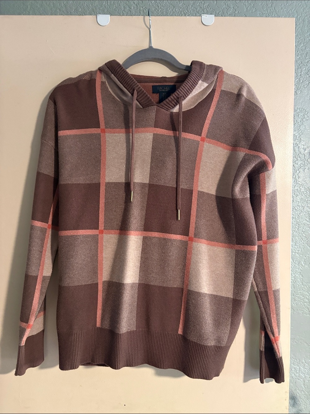Women’s Plaid Hooded Sweater - Brown & Salmon
